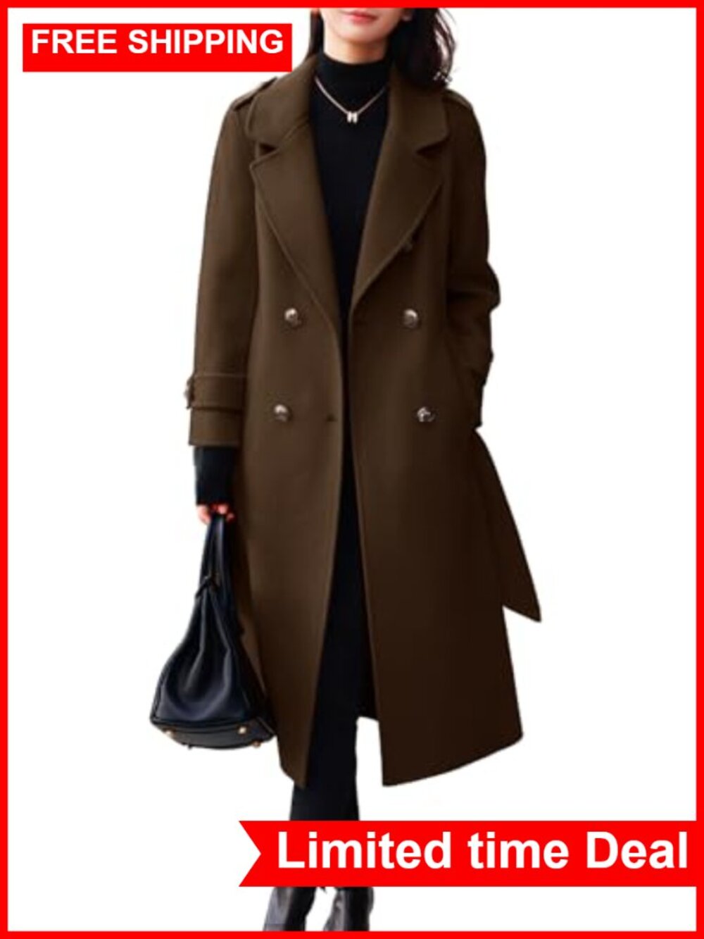 Belted Double Breasted Wool Blend Midi Winter Pea Coat